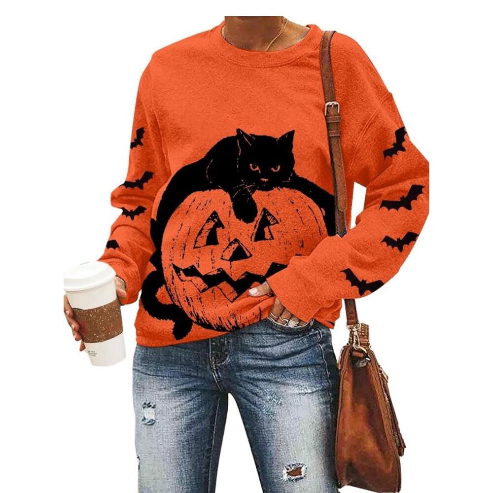 Halloween Cat & Pumpkin Print Women's‎ Long Sleeve Orange Pullover Top